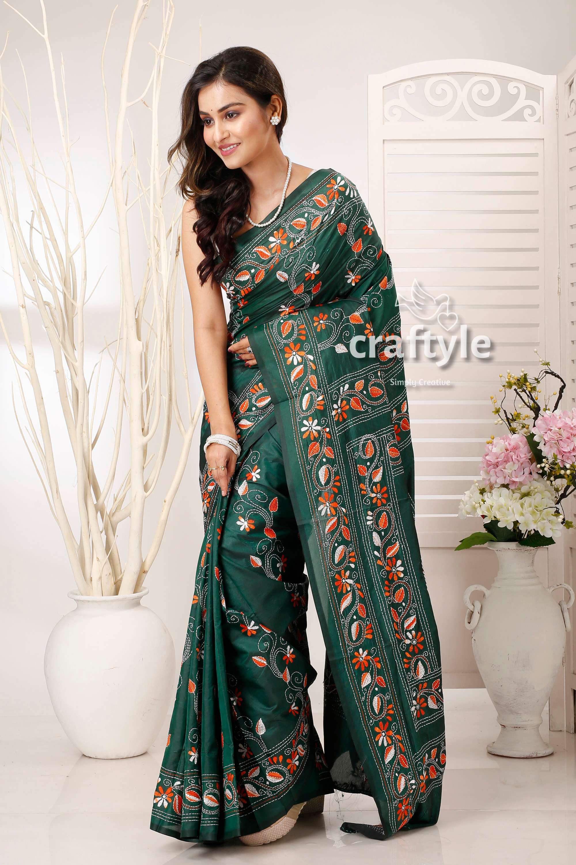 Dark Green Exquisite Silk Kantha Embroidery Saree - Craftyle
