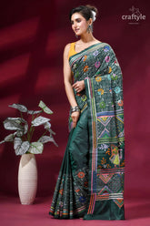 Dark green folk art design kantha stitched silk saree woman wears dark green silk 3
