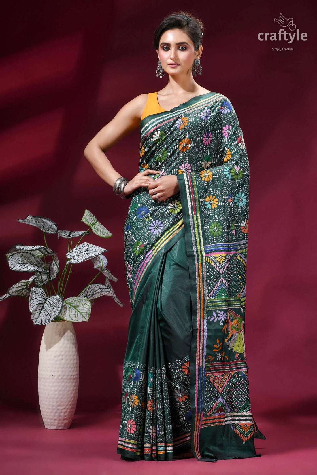Dark green folk art design kantha stitched silk saree emerald green silk saree intricate 1