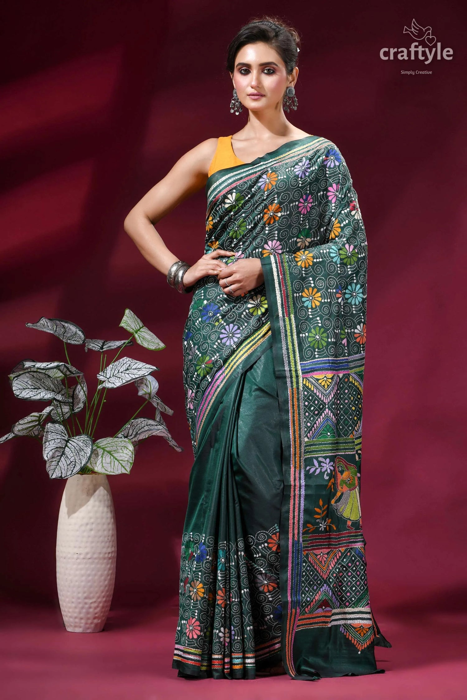 Dark green folk art design kantha stitched silk saree emerald green silk saree intricate 1
