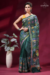 Dark green folk art design kantha stitched silk saree emerald green silk saree intricate 1