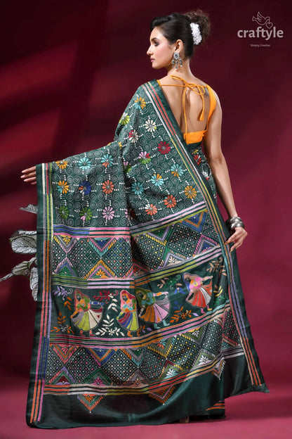 Dark green folk art design kantha stitched silk saree dark green silk saree adorned 5