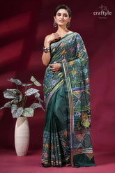 Dark green folk art design kantha stitched silk saree woman wears dark green silk 6