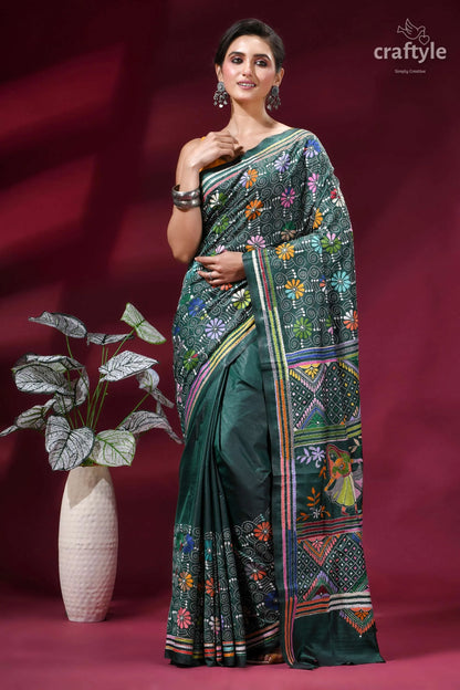 Dark green folk art design kantha stitched silk saree woman wears dark green silk 6
