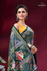 Dark green folk art design kantha stitched silk saree vibrant green saree intricate multicolored 2