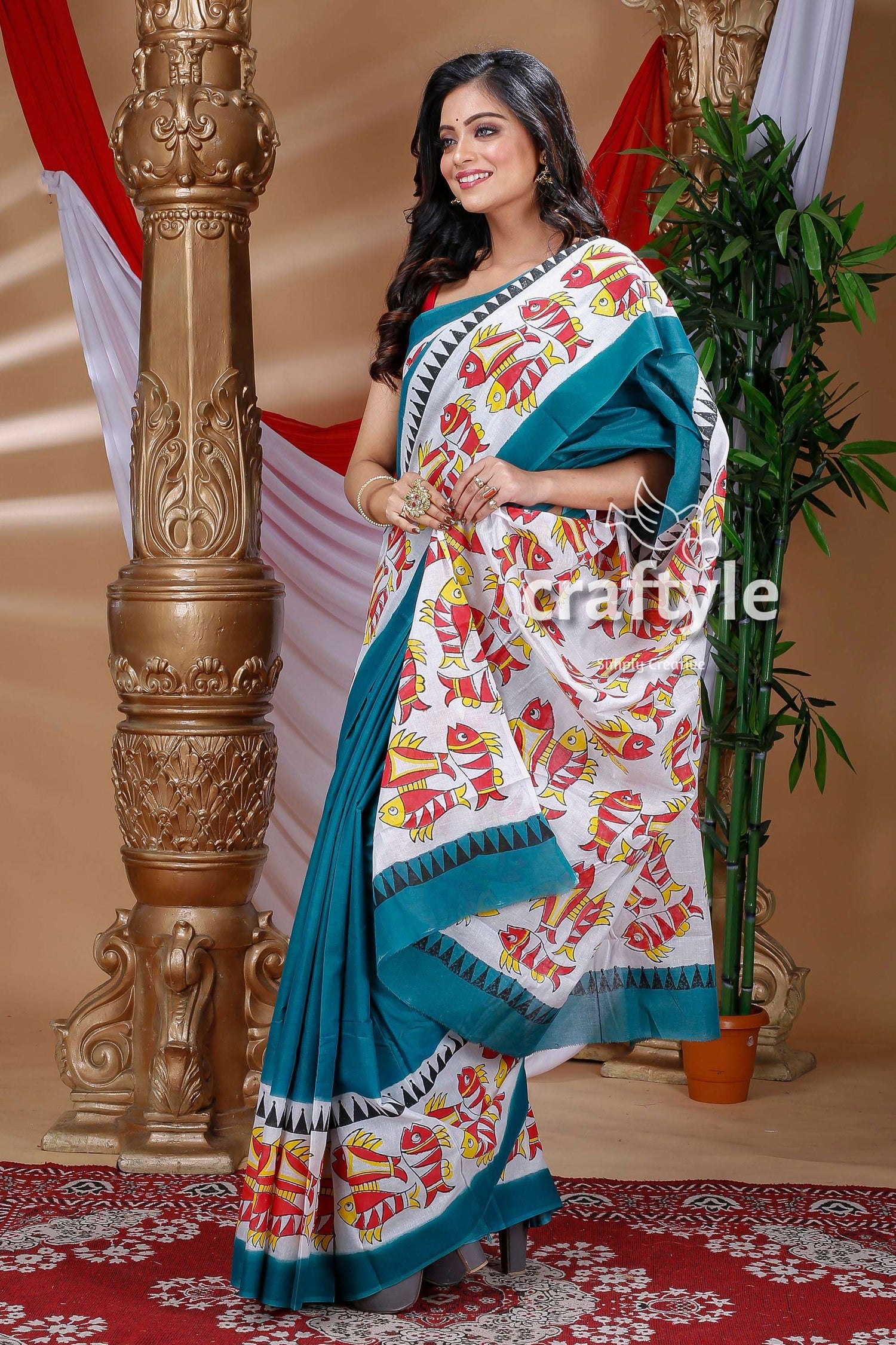 Dark Green Hand Block Pure Cotton Saree-Craftyle