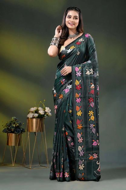 Dark green multicolor floral design silk kantha work saree 6