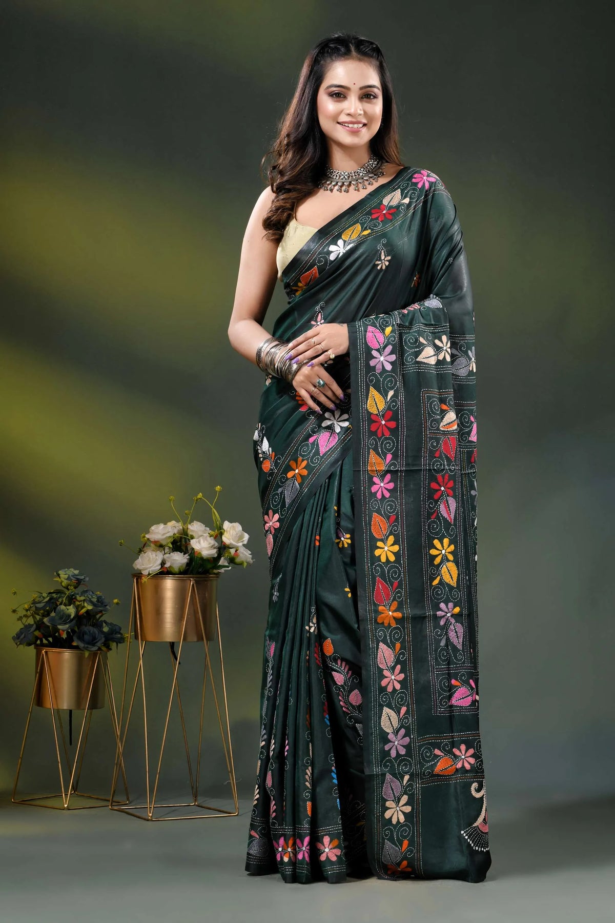 Dark green multicolor floral design silk kantha work saree 1