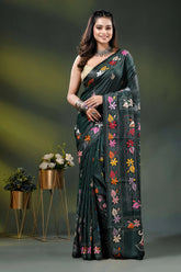 Dark green multicolor floral design silk kantha work saree 1