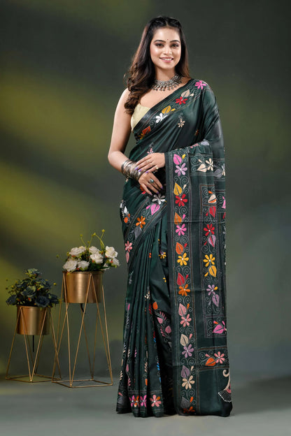 Dark green multicolor floral design silk kantha work saree 1