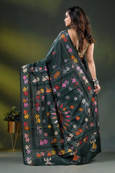 Dark green multicolor floral design silk kantha work saree 5