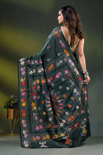 Dark green multicolor floral design silk kantha work saree 5