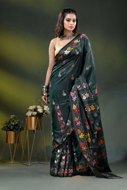 Dark green multicolor floral design silk kantha work saree 4