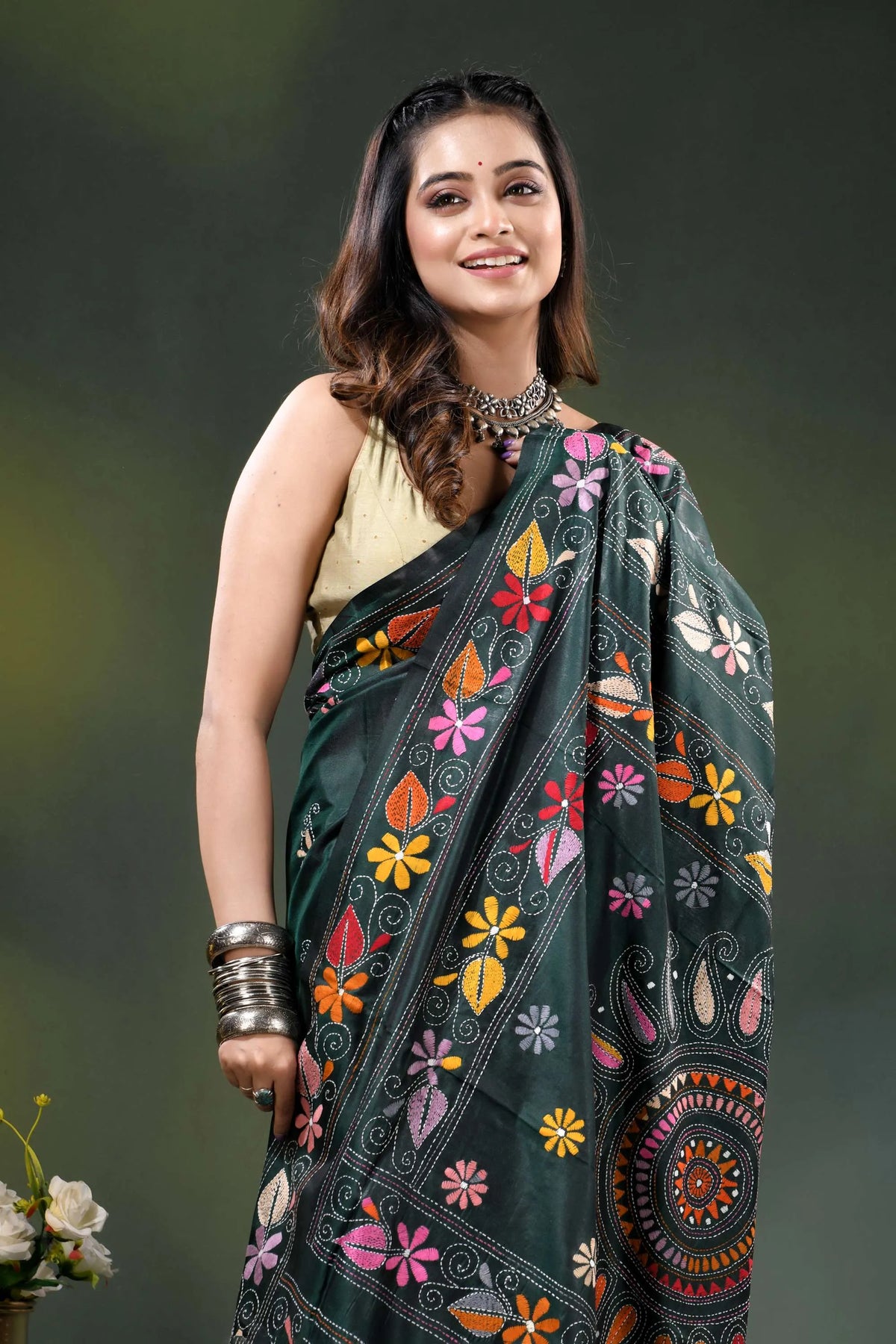 Dark green multicolor floral design silk kantha work saree 2
