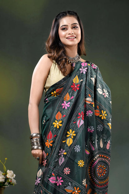 Dark green multicolor floral design silk kantha work saree 2