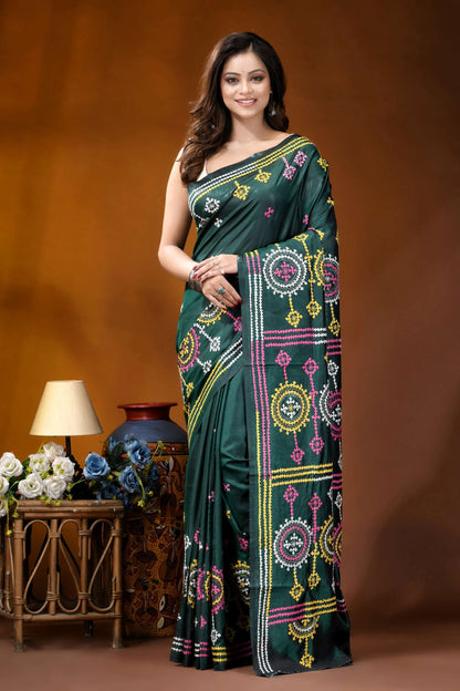 Dark green multicolor floral motif handcrafted gujrati stitch silk saree dark green silk saree adorned 1