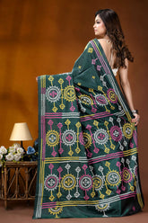 Dark green multicolor floral motif handcrafted gujrati stitch silk saree dark green saree adorned intricate 5