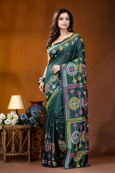 Dark green multicolor floral motif handcrafted gujrati stitch silk saree dark green saree adorned intricate 6