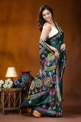 Dark green multicolor floral motif handcrafted gujrati stitch silk saree emerald green silk saree adorned 4