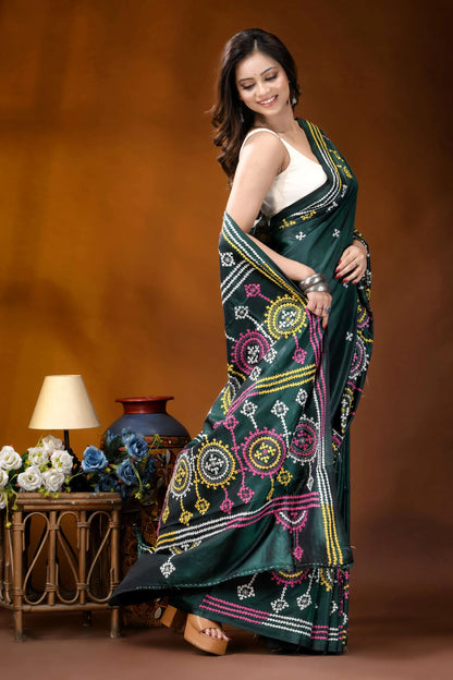 Dark green multicolor floral motif handcrafted gujrati stitch silk saree emerald green silk saree adorned 4