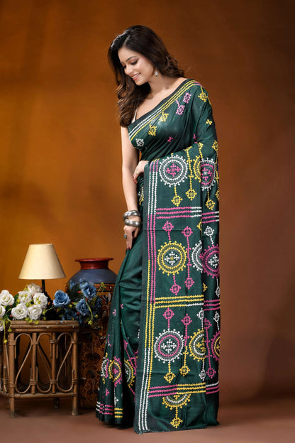 Dark green multicolor floral motif handcrafted gujrati stitch silk saree dark green saree adorned intricate 3