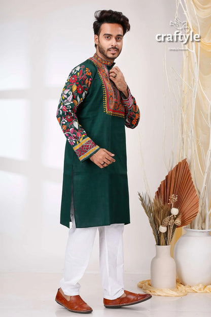 Dark green multicolor thread kantha stitch cotton panjabi for men man embroidered kurta 4