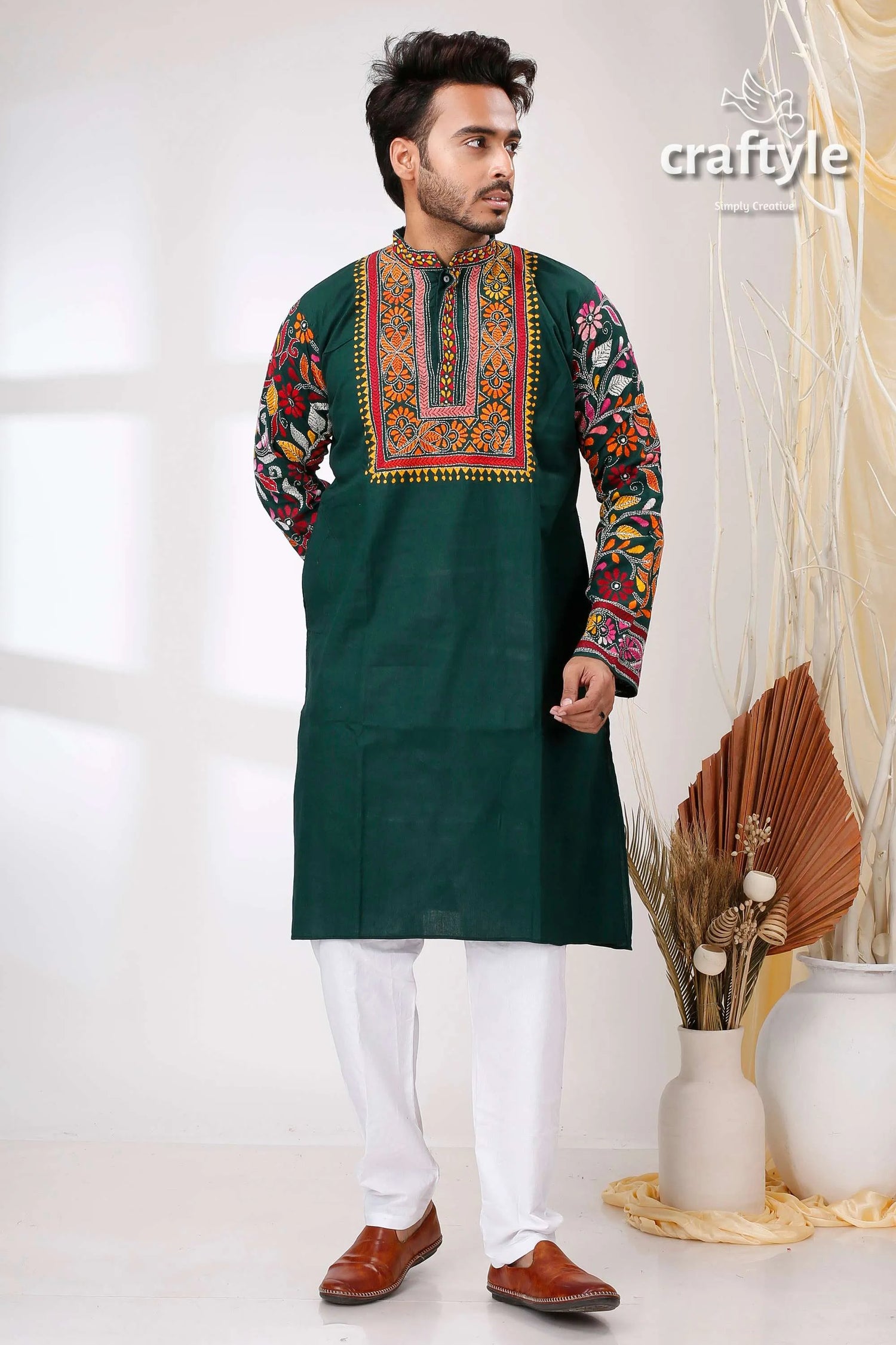Dark green multicolor thread kantha stitch cotton panjabi for men embroidered kurta intricate 1