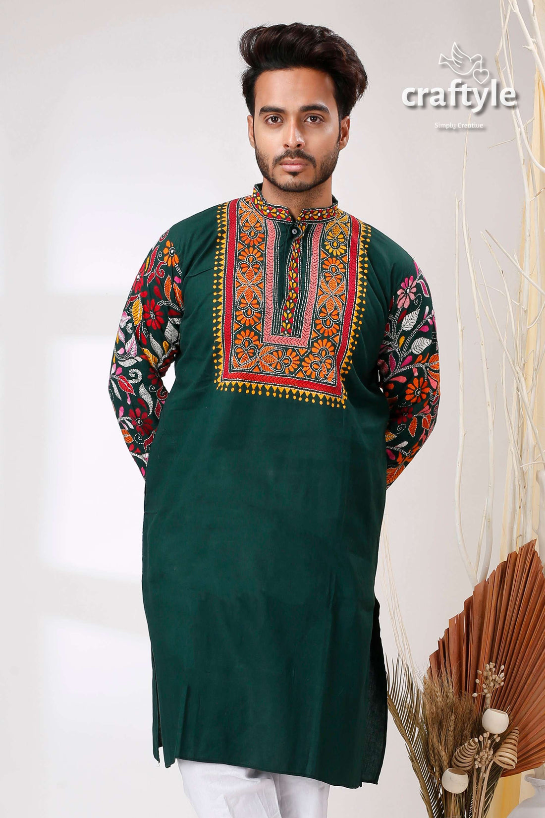 Dark Green Multicolor Thread Kantha Stitch Cotton Panjabi for Men - Craftyle