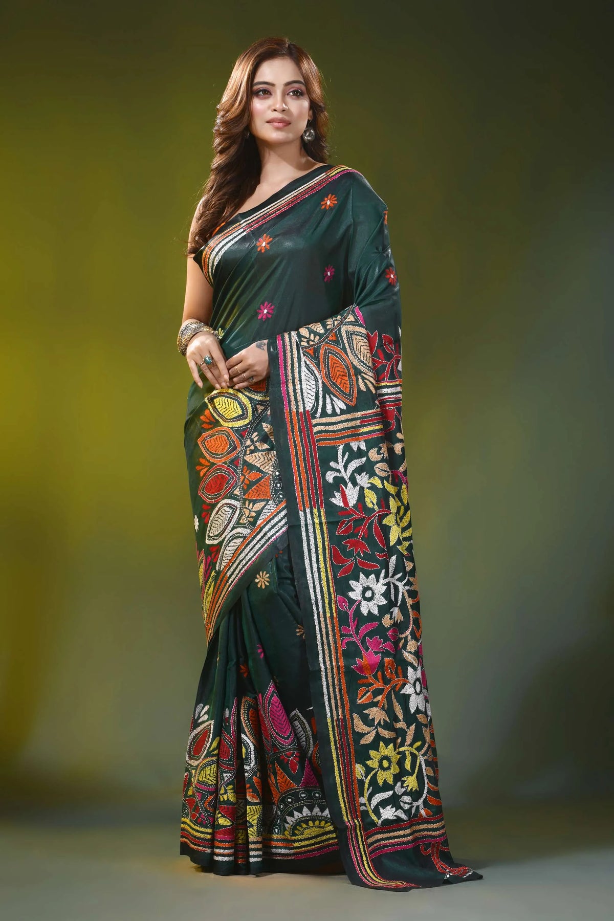Dark green silk kantha work saree with multicolor floral design 6