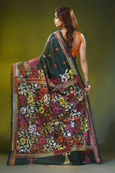 Dark green silk kantha work saree with multicolor floral design 5