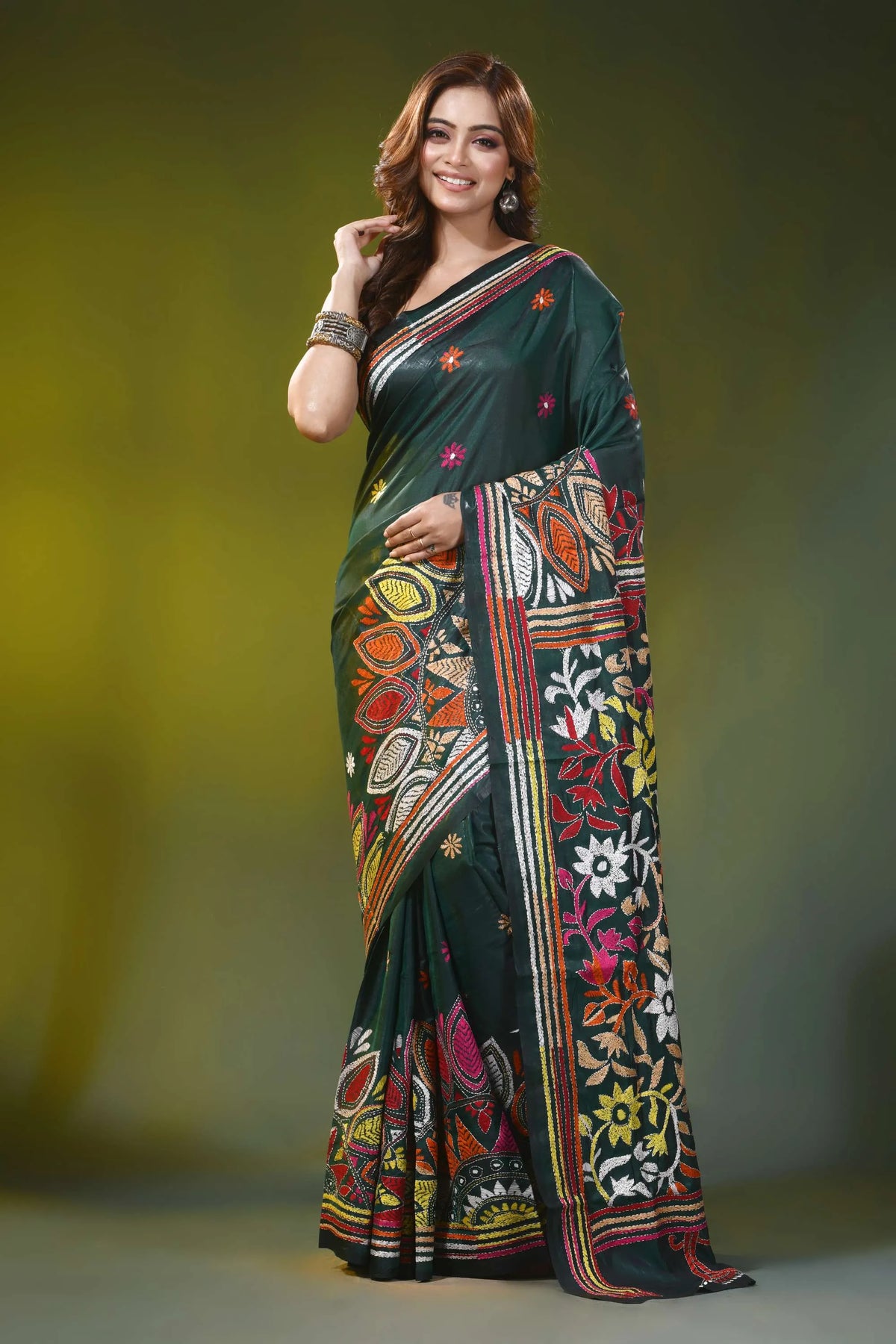 Dark green silk kantha work saree with multicolor floral design 1