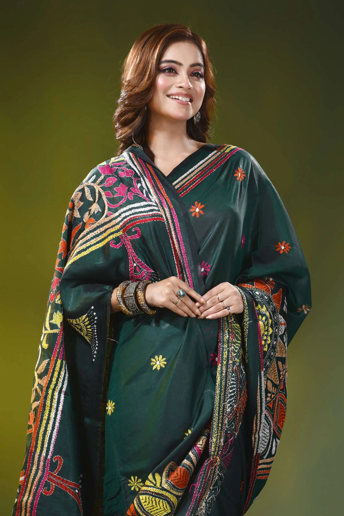 Dark green silk kantha work saree with multicolor floral design 2