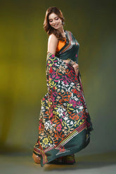 Dark green silk kantha work saree with multicolor floral design 4