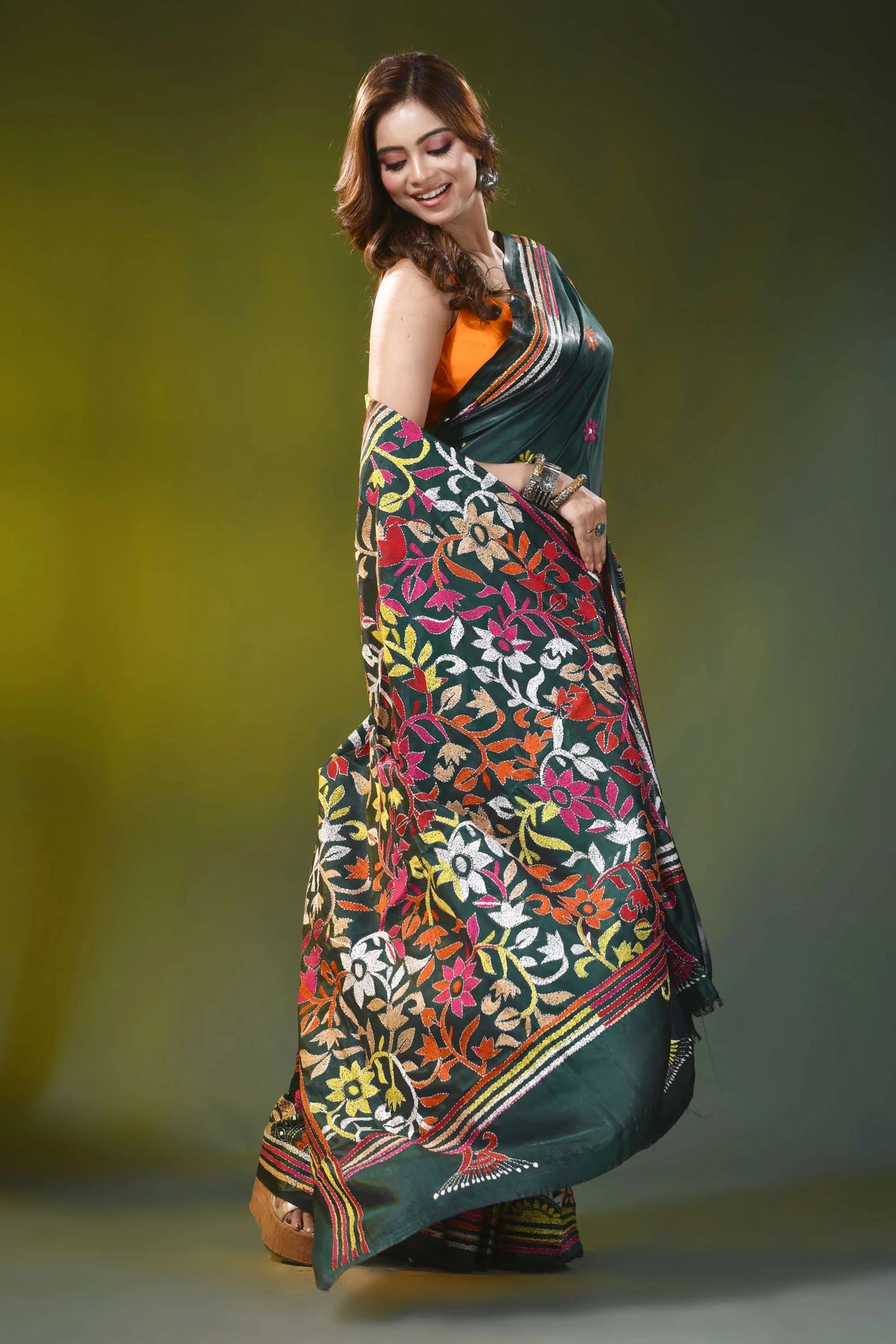 Dark green silk kantha work saree with multicolor floral design 4