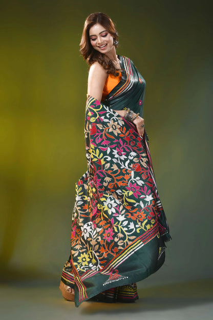 Dark green silk kantha work saree with multicolor floral design 4