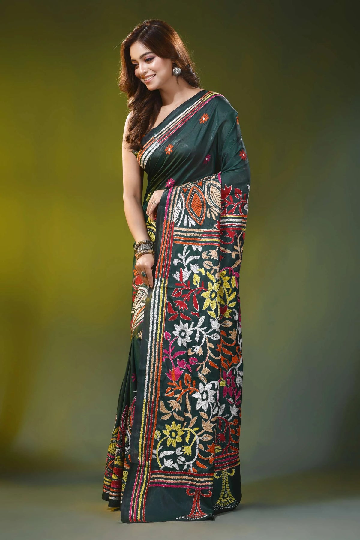 Dark green silk kantha work saree with multicolor floral design 3