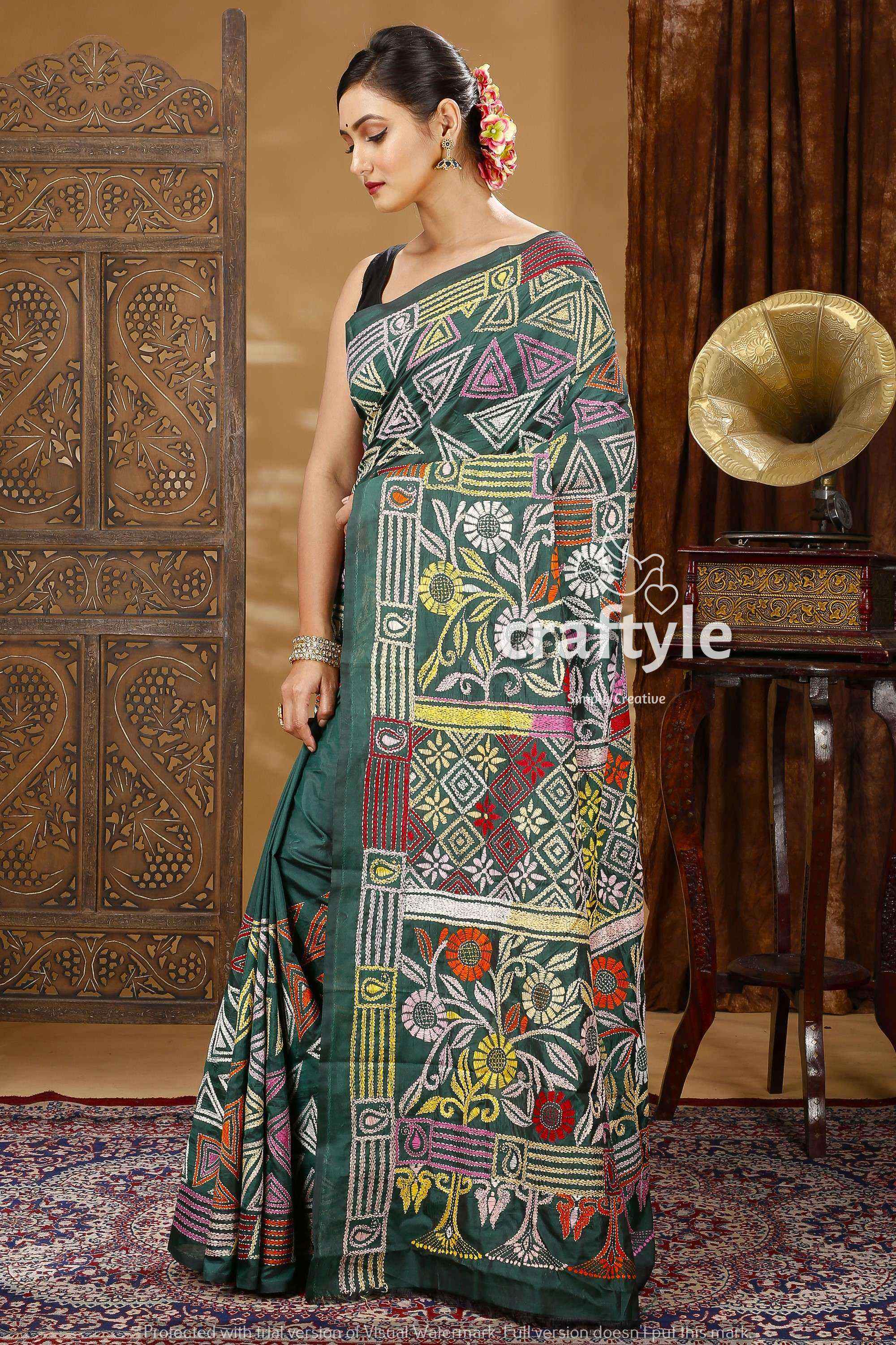 Dark Green Traditional Silk Kantha Saree-Craftyle