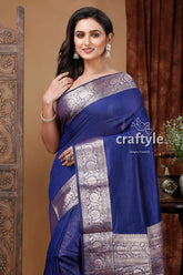 Dark Gulf Blue Manipuri Silk Saree with Zari Border - Craftyle