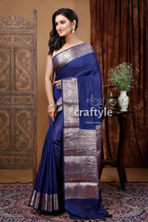 Dark Gulf Blue Manipuri Silk Saree with Zari Border - Craftyle