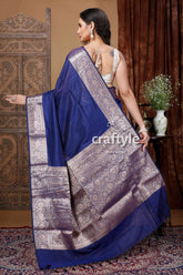 Dark Gulf Blue Manipuri Silk Saree with Zari Border - Craftyle