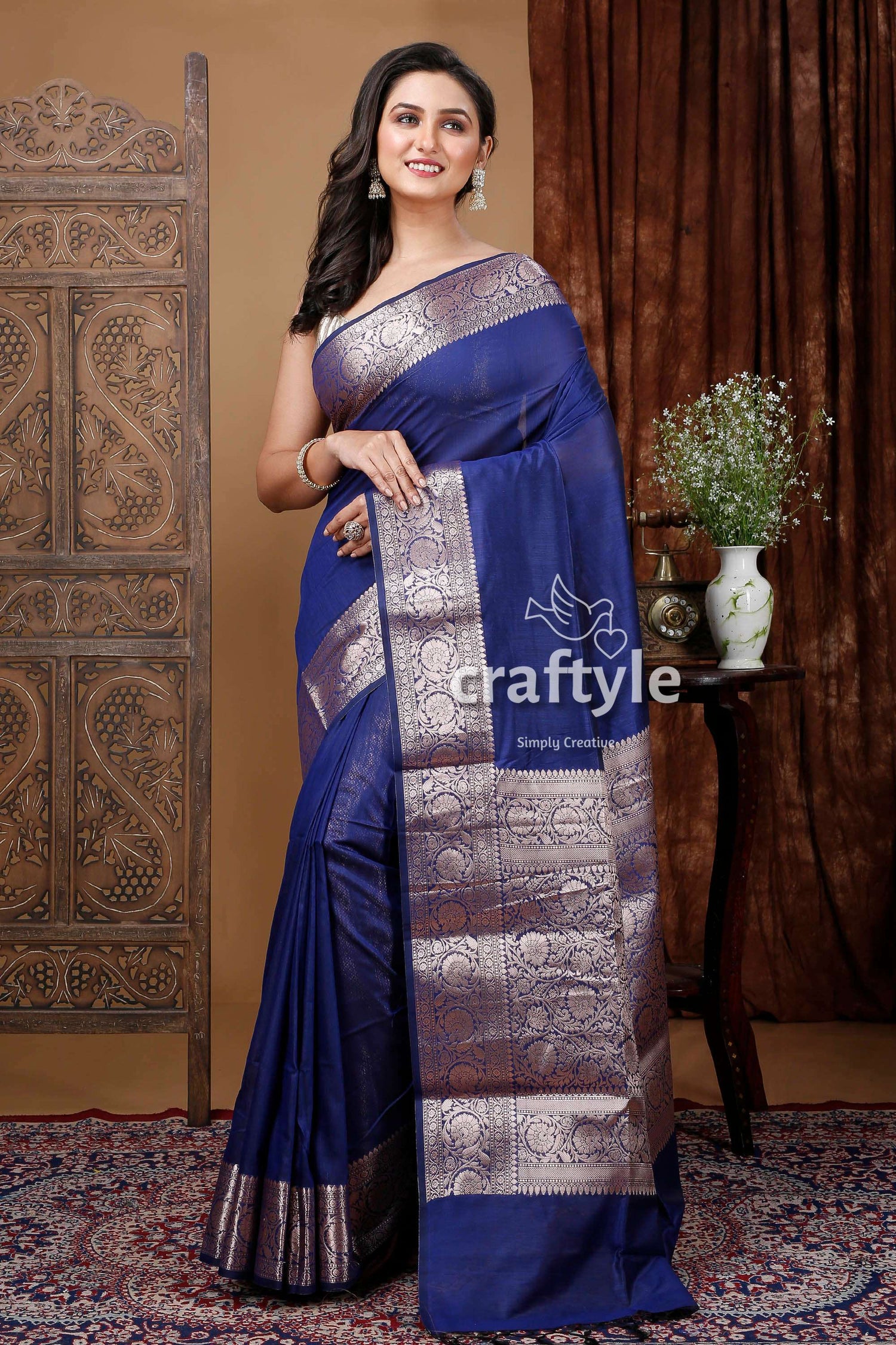 Dark Gulf Blue Manipuri Silk Saree with Zari Border - Craftyle