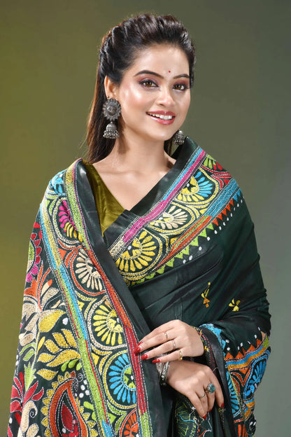 Dark jungle green floral pattern silk kantha stitch saree vibrant black saree adorned intricate 2