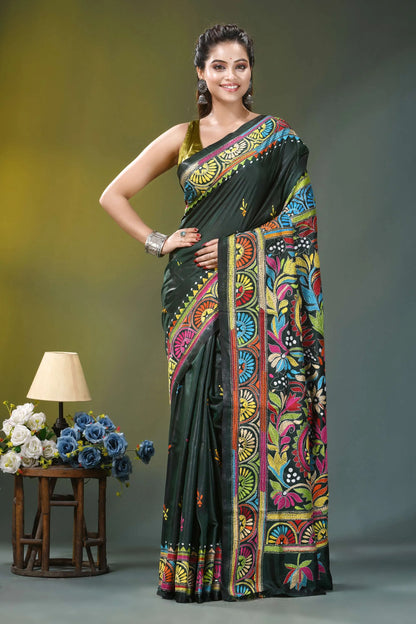 Dark jungle green floral pattern silk kantha stitch saree dark green silk saree adorned 7