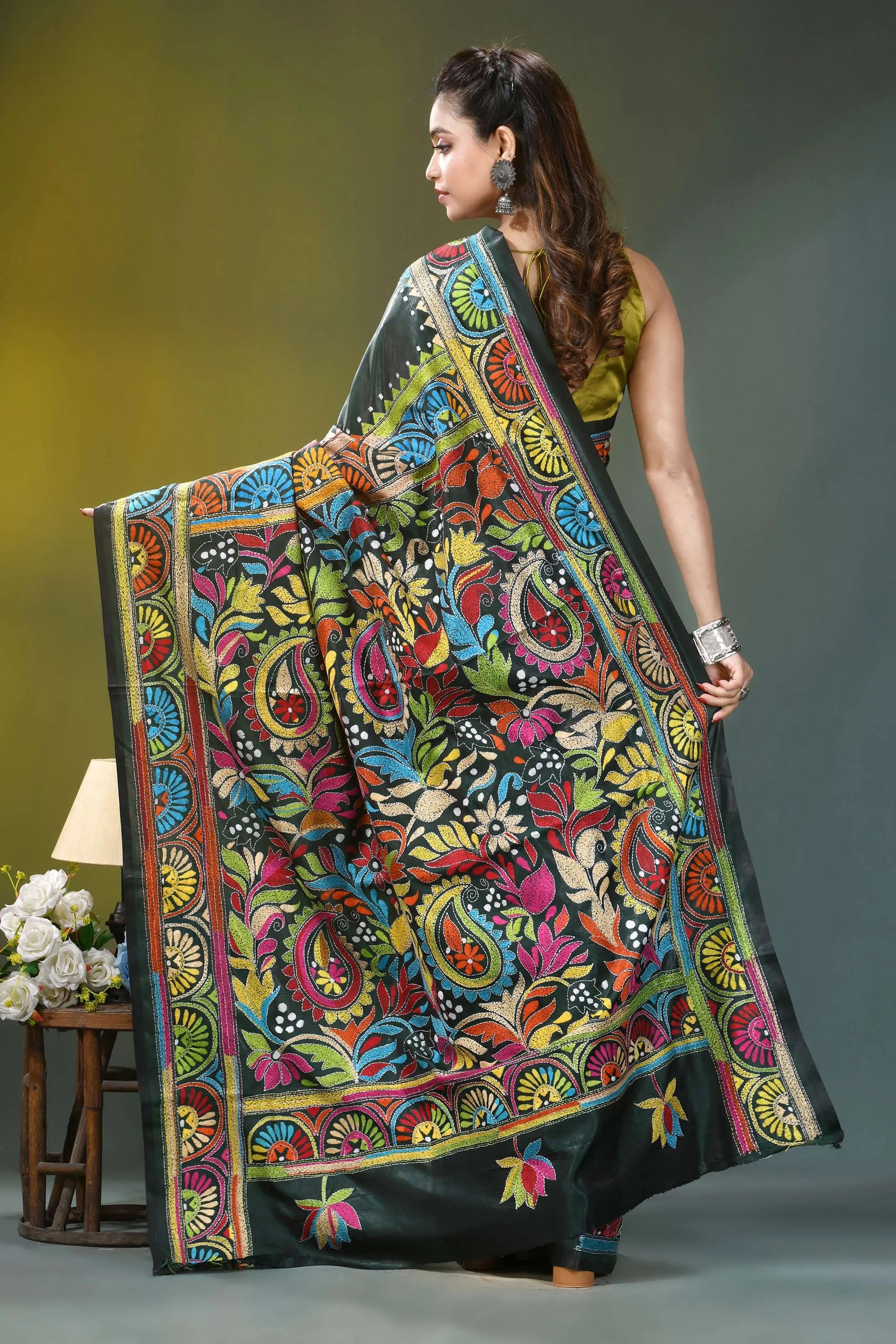 Dark jungle green floral pattern silk kantha stitch saree vibrant multicolored embroidered black saree 5