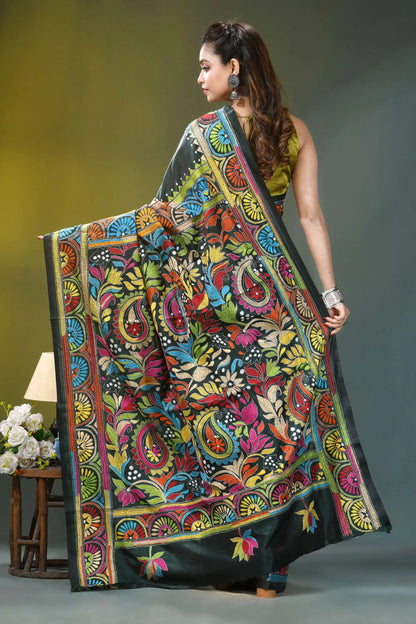 Dark jungle green floral pattern silk kantha stitch saree vibrant multicolored embroidered black saree 5