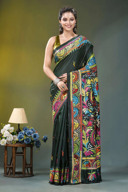 Dark jungle green floral pattern silk kantha stitch saree vibrant dark green silk saree 1