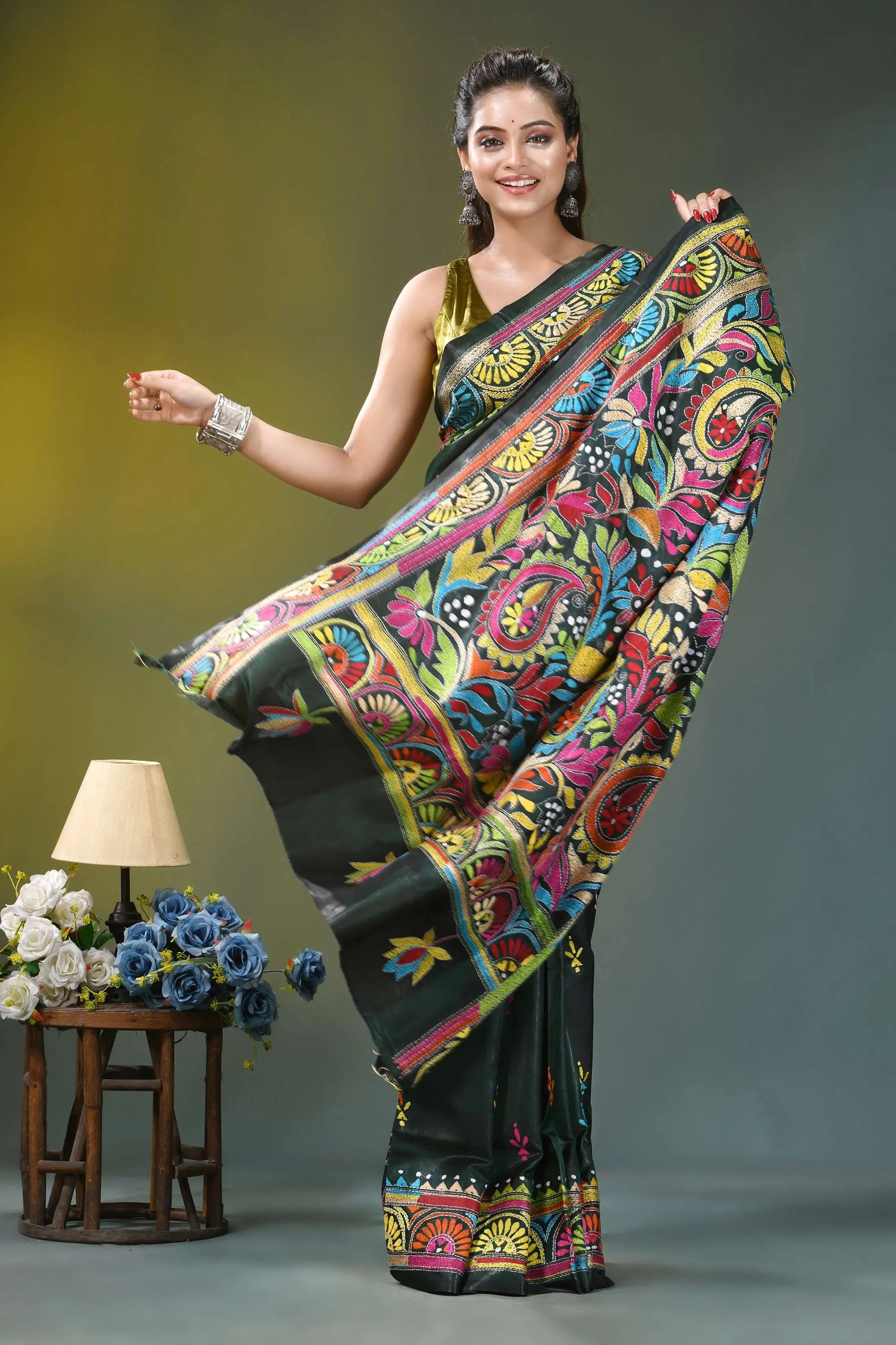 Dark jungle green floral pattern silk kantha stitch saree vibrant black saree adorned intricate 4