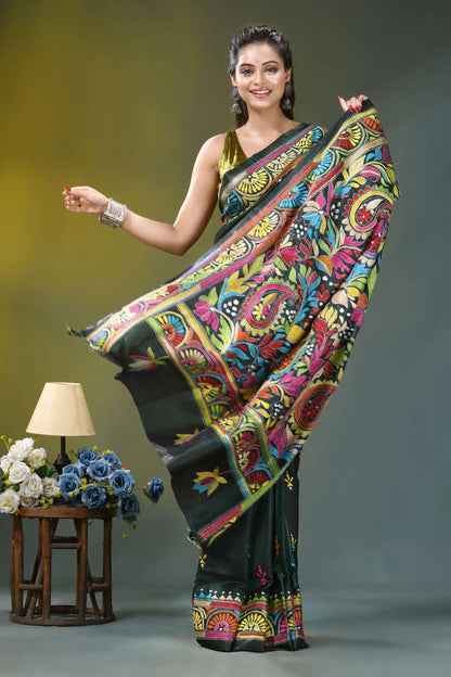 Dark jungle green floral pattern silk kantha stitch saree vibrant black saree adorned intricate 4
