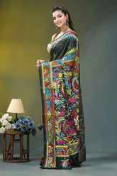 Dark jungle green floral pattern silk kantha stitch saree vibrant intricately embroidered black saree 3