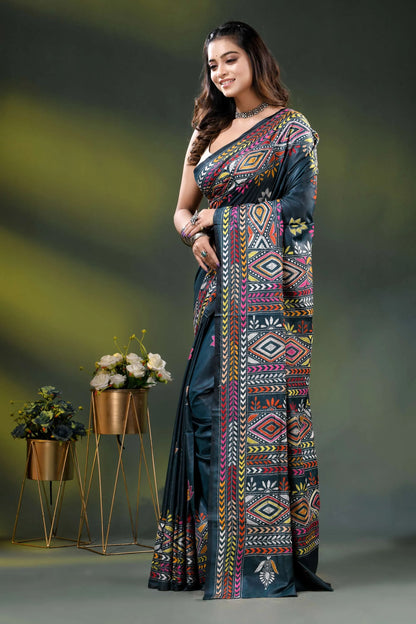Dark jungle green multi-thread ethnic design silk kantha saree 3